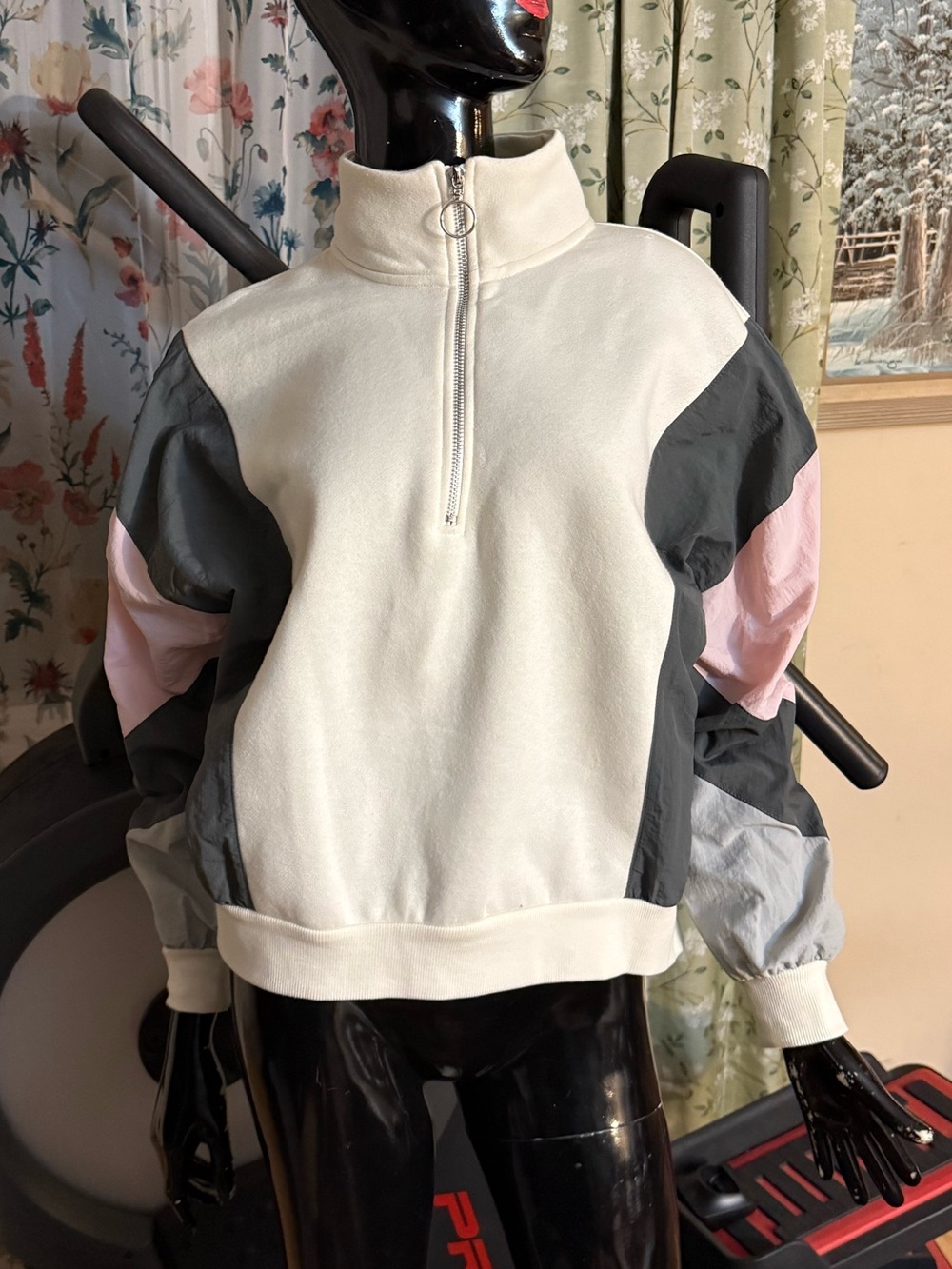 Women's Half-Zip Colorblock Pullover Sweatshirt - Cream, Gray & Pink